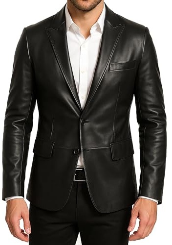 e Genius Chaqueta de piel auténtica para hombre, color negro, clásica, elegante, de piel suave, Blazer de cuero negro, XXS