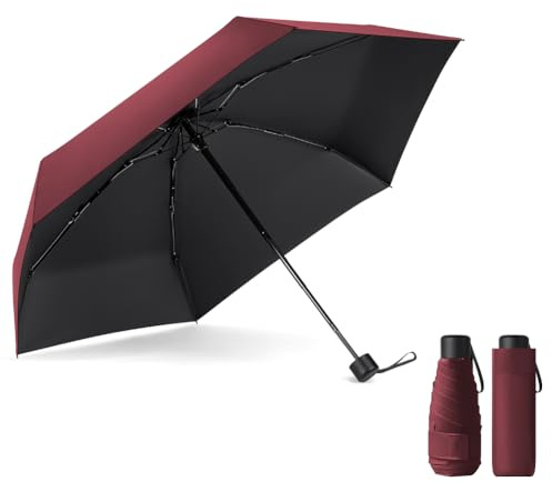 Vicloon Taschenschirm, Mini Regenschirm mit 6 Edelstahl Rippen, Sonnenschutz Regenschirm, Freien UV Faltender regenschirms, Klein, Leicht, Kompakt, UV-Faltender für Erwachsene und Kinder - Weinrot