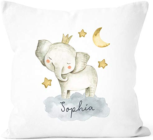 SpecialMe® Kissen-Bezug mit Namen Wunschname Tier-Motive Nashorn Löwe Elefant Watercolor Namenskissen Kinder Baby Elefant weiß Unisize