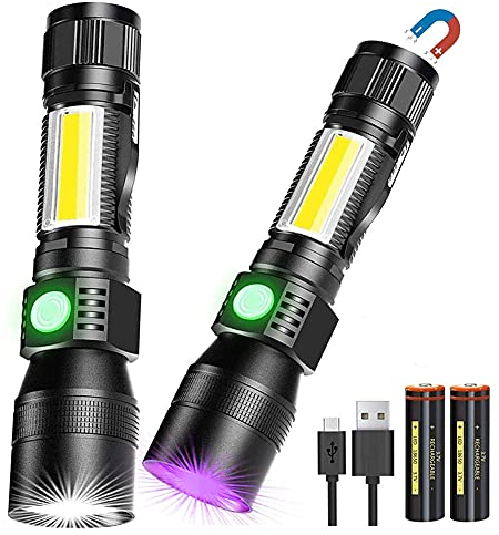 AOMEES UV Taschenlampe LED Extrem Hell mit Aufladbar Akku, Zoombar, Rotlich und Weißes Licht COB Arbeitsleuchte, USB Aufladbare Taschenlampe mit Starke Magnet, 7 Modi, 395nm UV für Banknoten, Urin