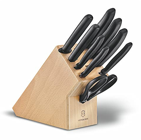 VICTORINOX Bloc Porte-Couteaux Swiss Classic en Bois, 9 Pièces dont 8 Couteaux et 1 Paire de Ciseaux Universels, Rangement, Bois de Hêtre Clair