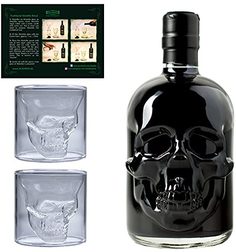 Totenkopf Absinth Set | Shot of Death | 1x Schwarzer Absinth Hamlet Hardcore Black von ALANDIA | 2x Skull Gläser | 69% | 0,5 l