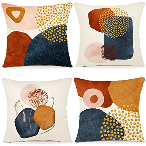 YCOLL Cushion Cover 45 x 45 cm, Set of 4 Decorative Cushion Covers, Linen Cushion Covers, Geometric Pattern Cushion Covers for Sofa, Bedroom, Couch, Outdoor Cushion, 45 x 45 cm, A080