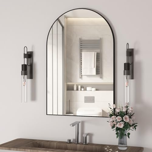 NEUWEABY Espejo montado en la Pared, Espejo de Pared arqueado para baño, Espejo de baño de Arco de 60x90cm Marco de Metal, decoración de Espejo Negro Manto, Dormitorio, Entrada