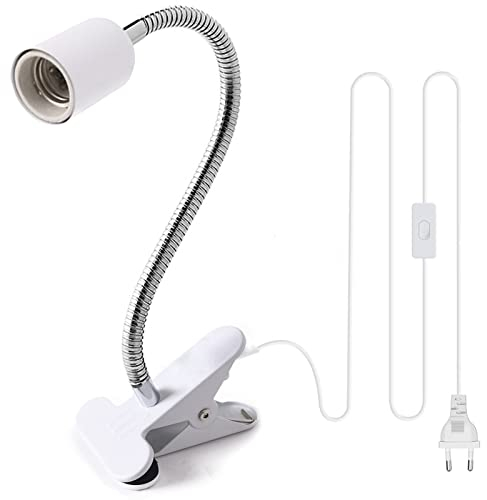 GOCBOBO Portalampada E27 con Pinza, Portalampada con Clip in Metallo Luce da Lettura a Collo D'oca in Ruotabile a 360° Lampada da Piante a Clip con Spina e Interruttore Bianco (Senza Lampadina)
