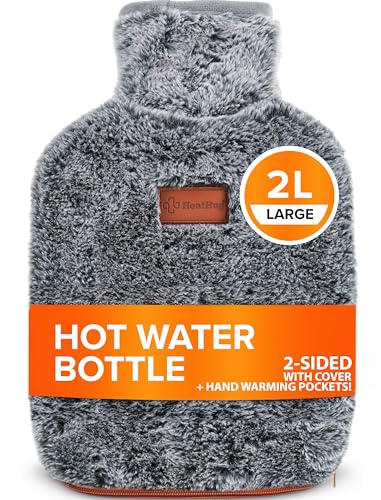 Hot Water Bottle with Cover UK - for Pain Relief (2L) 2 Sided Hot Water Bottle for Adults with Pocket for Endometriosis Period Pain Relief Stomach Cramps
