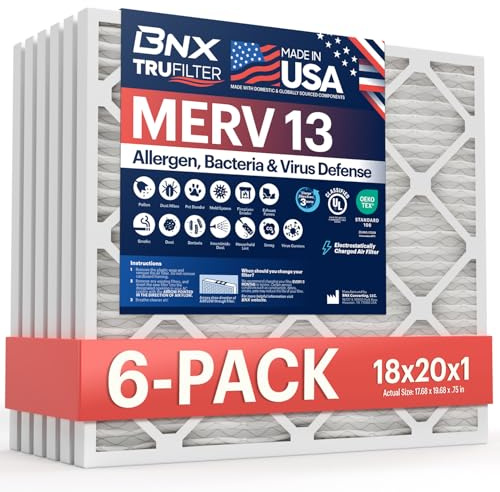 BNX TruFilter 18 x 20 x 1 Luftfilter MERV 13 (6-pack) - TILLVERKAD I USA - Elektrostatisk veckad luftkonditionering HVAC ugnsfilter för allergier, pollen, mögel, bakterier, rök, allergi, MPR 1900 FPR