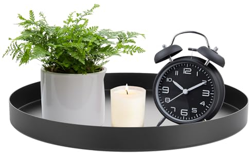 APACALI 1 Stück Dekotablett Schwarz, 30CM Edelstahl Deko Tablett, Rund Servierteller Dekoteller, Kosmetik Tabletts, Badezimmer Tablett Metall für Dessert Schmuck Kerzen
