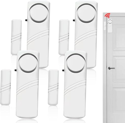 WIYETY Lot de 4 mini alarmes autocollantes pour fenêtre et porte avec capteur magnétique sans fil 90 dB - Système d'alarme de sécurité domestique sans fil pour la sécurité à la maison, le camping-car