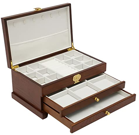 OUKANING Joyero grande de 3 capas, con cajón extraíble, almohadillas antideslizantes, cajas rectangulares, hardware premium, para diferentes joyas, regalo (marrón oscuro)