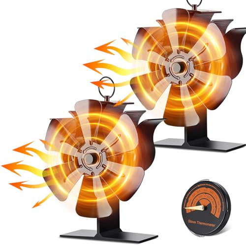 Viitech Ventilateur de Poêle à Bois, Silencieux Ventilateur de Poêle à Bois/à Granulés avec Theromètre, Ventilateur Cheminée Alimenté à la Chaleur pour Cheminée/Gaz/Bûche (6-Blades (2 Pcs))