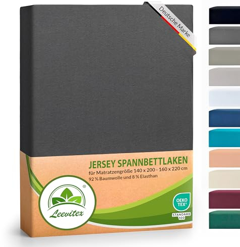 leevitex® Luxus Elasthan Jersey Spannbettlaken | 140x200 – 160x220 cm | Multistretch | 250 g/m² | 92% Mako-Baumwolle 8% Elasthan | 40cm Steghöhe | außergewöhnlich hochwertige Ausführung | Anthrazit