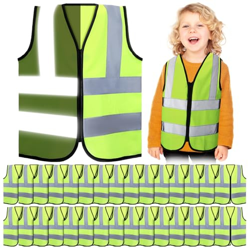 Unittype 30 Pcs Kids Safety Vest Bulk High Visibility Reflective Vest with Zipper Neon Traffic Vest for Cycling Skiing Running (Yellow)