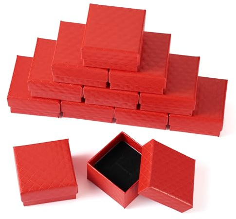 Cheriswelry Confezione da 12 scatole regalo per anelli da dito, piccole scatole regalo per gioielli, anelli a rombo, scatole regalo testurizzate per regali, confezione per anelli, rosso
