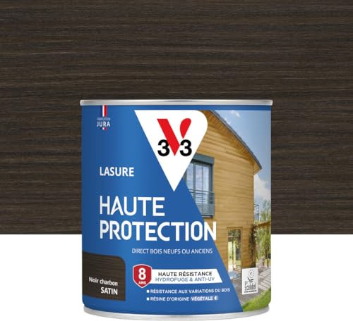 V33 Lasure Bois extérieur Noir charbon satin - Haute Protection 8 ans - Haute résistance hydrofuge et anti-UV - Résiste aux variations du bois - Ecolabel, résine d'origine végétale - 0,75L