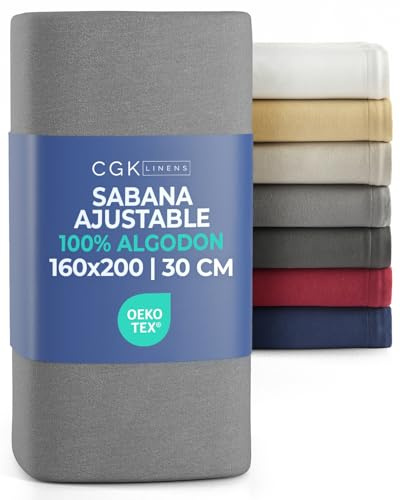 Sábana Bajera Ajustable 160x200 cm Gris Oscuro - 100% Algodón Jersey Suave & Transpirable - Bolsillo 30 cm / 12 - Sin Arrugas, Resistente & Hipoalergénico - Certificado Oeko-Tex Standard 100