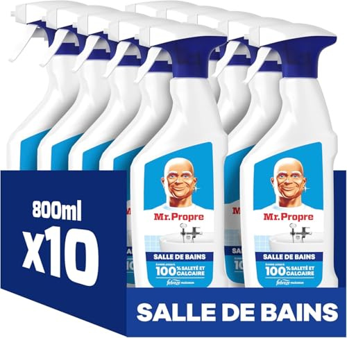 Mr. Propre Spray Nettoyant Salle De Bains, Grand Format (800ml x10), Parfum Fraîcheur Febreze, Élimine Jusqu’à 99.99% Des Résidus De Savon Et Des Dépôts De Calcaire