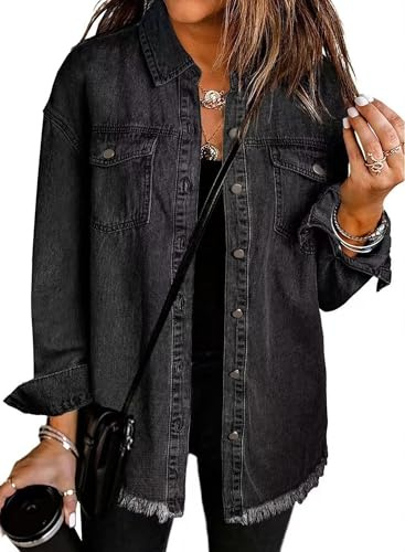 Ranphee Camicia Jeans Donna Elegante Lunga Autunno 2026 Giacca Nera Casual Con Bordi Sfilacciati Oversize Outfit Autunnali