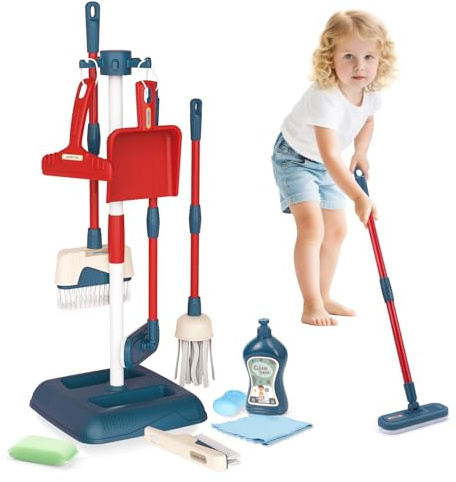Jenilily Juego de limpieza para niños, escoba con mango largo, recogedor, cepillo de mano, mopa con soporte, cepillo para niños a partir de 3 años