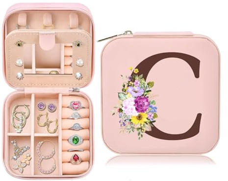 Toozen Joyero con Nombre Inicial C joyero Pequeña Portátil Joyero Viaje con Espejo Mini Joyero Personalizado Organizador de Joyas para Mujer Niña Regalo de Cumpleaños Día de la Madre Navidad Rosa