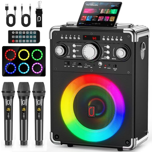 HWWR Karaoke Machine with 3 Microphones, Bluetooth Speaker with Echo Adjustment for Adults, Portable Machine Support TWS, USB, TF Card, Guitar, TV Connected for Outdoor, Events & Party