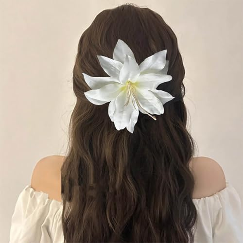 Cybche Grande Pince À Cheveux En Forme De Fleur De Lys Pour Coiffer Les Sections Épingle À Cheveux En Tissu Blanc Fleur Tropicale Hawaïenne Sans Pli Barrette De Cheveux De Plage Accessoires De Coiffur