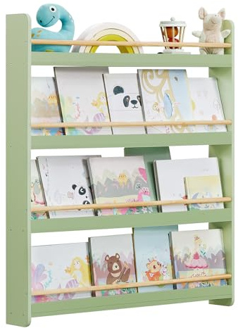 SONGMICS Libreria Montessoriana per Bambini, Scaffale per Giocattoli a 4 Ripiani, Libreria da Parete, Mobile per Cameretta Stanza dei Giochi, Verde Alloro e Naturale GKR014CE02