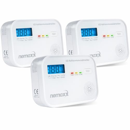 NEMAXX® CM18 Detector de Monóxido de Carbono/Alarma CO con Pantalla LCD – 85 dB,Sensor Electroquímico,EN 50291-1:2018,Botón de Prueba, 3×Pilas AA LR6,Vida Útil del Producto 10 Años – Set de 3