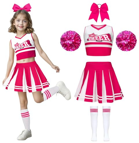 Wuzfully Cheerleader Outfit for Girls with Cheerleading Pom Poms Hairband Uniform for Carnival Birthday Halloween Cosplay Parties，3-15 Years