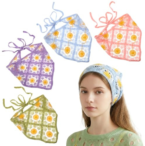 Apojgitn 4Pcs Crochet Bandanas Headbands, Cute Flowers Hairbands Vintage Knitted Daisy Head Scarf for Women Girls Hair Styling Festival Holiday Christmas Decor (Colorful)