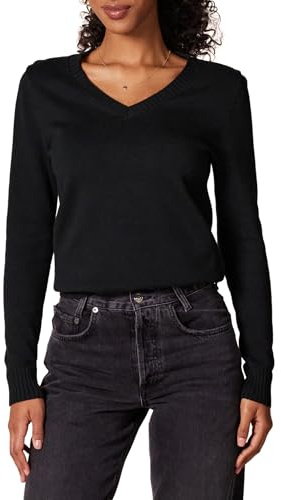 Amazon Essentials Pull Léger à Manches Longues et Col en V, 100% Coton Femme, Noir, S