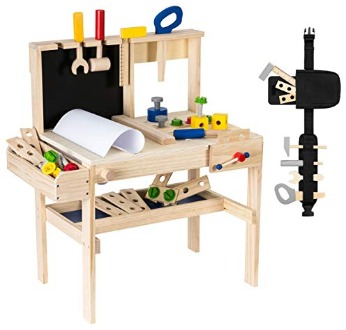 mamabrum Werkbank Kinder aus Holz mit Zubehör – Lernspielzeug ab 3 Jahre – Kinder Werkbank mit Schraubstock, Werkzeug und Tafel – Werkzeugbank für Jungen und Mädchen