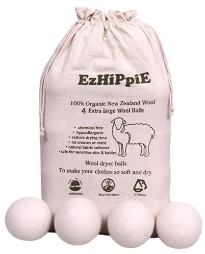 Ezhippie Lot de 4 Balles de Séchage en Laine Naturelle - Balles Adoucissantes de Tissu, Réduisent Les Rides et Réutilisables - Taille XL