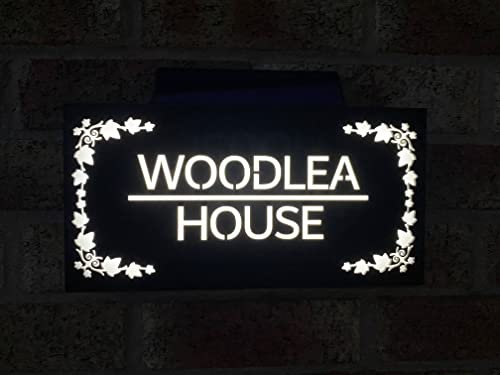 One of a Kind Design Uk Personalised Solar House Sign Door Name Number Plaque Laser Cut Acrylic Light Slate Illuminating LED Plate Wall Outside UV Stable Weather Resistant - Black