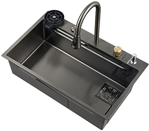 Wasserfall Waschbecken Küche, 304 Edelstahl Spülbecken mit Gläserspüler, Edelstahlspüle Einbauspüle mit ausziehbarem Wasserhahn & Drainage-Komponenten, Schneidebrett ( Color : Schwarz , Size : 600x450