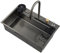 Wasserfall Waschbecken Küche, 304 Edelstahl Spülbecken mit Gläserspüler, Edelstahlspüle Einbauspüle mit ausziehbarem Wasserhahn & Drainage-Komponenten, Schneidebrett ( Color : Schwarz , Size : 600x450
