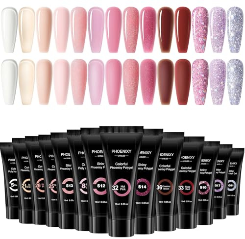 Phoenixy Kit Gel de Extensión de Uñas 14 Colores 15ML Poly Nail Extensión Gel Rosa Marrón Plata Destello Kit Uñas de Gel Kit de Manicura para Principiantes