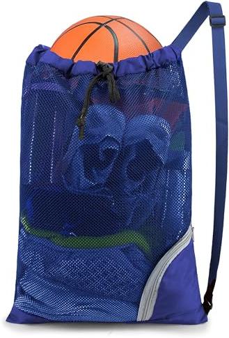 BeeGreen Mesh Drawstring Bag Swim Backpack for Beach Pool Sports Gym Draw String Cinch Bags for Swimming Soccer Basketball Gear Blue