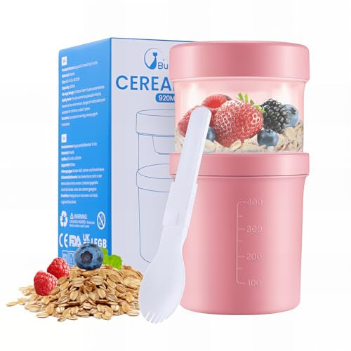 Bugucat Tazza Yogurt to Go, Tazze Cereali 560ML+360ML, Portatile Cucchiaio Tazza Contenitore Yogurt con Cucchiaio, Plastica Tazze Cereali, Yogurt Frutta Contenitore, Tazza di Muesli To Go Senza BPA