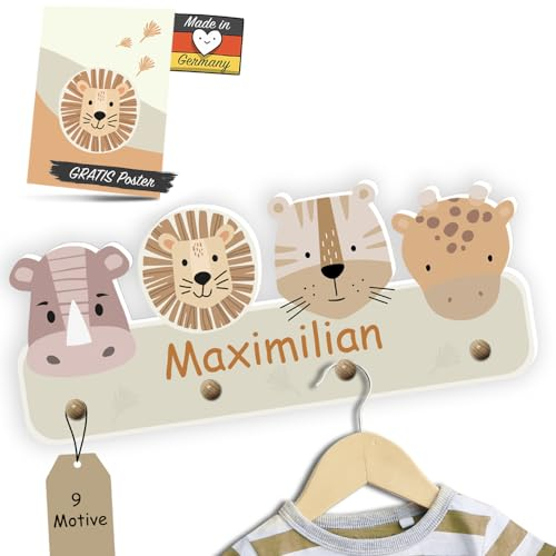 Kindsblick Garderobe mit Wunschname inkl. DIN A4 Poster - Personalisierte Kindergarderobe mit 4 Kleiderhaken für Kinder (Safari Natur)