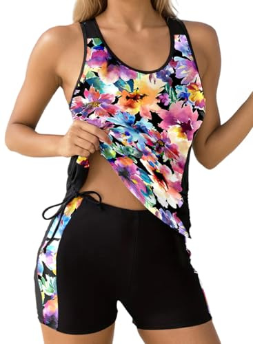 Dokotoo Women's Tankini Sets Two Piece Tops with Shorts Swimsuits for Women Bathing Suits Floral Printed Beach Vacation Clothes Tummy Control Swimwear Womens Swimsuit Multicolour XL