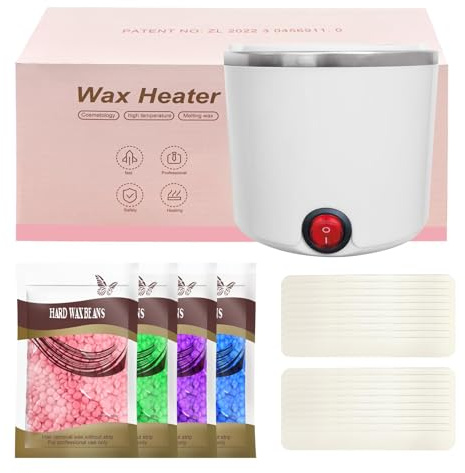 Mini calentador de cera depilatoria, maquina cera caliente depilación con recipiente de silicona de 200ml, Kit completo de 4 bolsas de perla de Cera, 20 Espátulas (blanco, redondo)