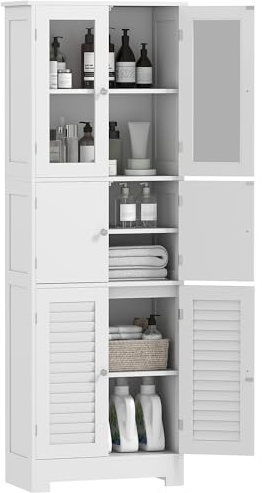 HOMCOM Mobile Colonna Bagno con 3 Armadietti a 2 Ante, Mobiletto Multiuso con Ante a Vetro e a Persiana, 60x30x170.5cm, Bianco