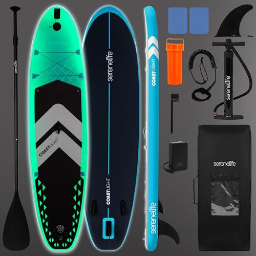 SereneLife 10’6” Inflatable Stand-Up Paddle Board with LED Lights - 32” Wide Stable Design with Non-Slip EVA Deck Pad, Includes Premium SUP Accessories, for Youth and Adults, 275 lbs. Capacity