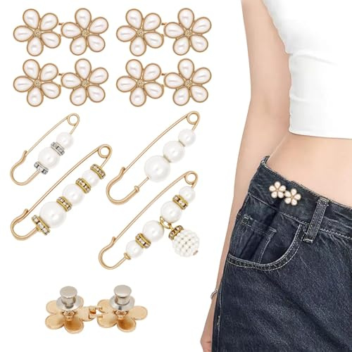 Kabwea 8 piezas de clips ajustables con botones de perla para ajustar jeans y pantalones anchos