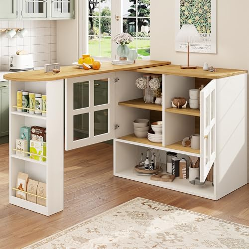 Rotación de 360°, simple y moderna, multifuncional, adecuada para dormitorio, comedor, sala de estar con estante para aperitivos, 5 estantes, armario giratorio con estantes y cristal (blanco)