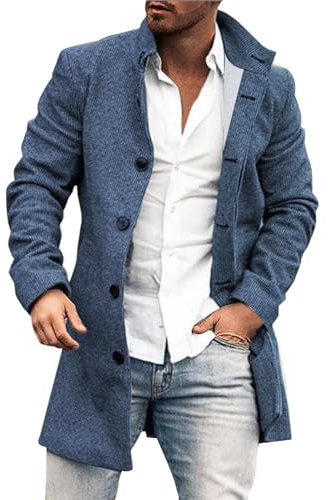 Generisch Cappotto lungo di lana da uomo, giacca di mezza stagione, a quadri, collo alto, trench bottone, giacca invernale di media lunghezza, grandi dimensioni, cardigan classico, semplice e