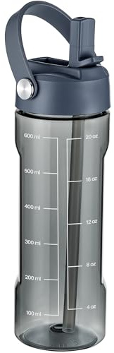 GOPPUS 600ml/20oz Clear Water Bottle with Straw, Tritan Leakproof Sports Drinking Bottle, BPA Free Wide Mouth Gym Bottle with Handle and Measurement Marks for School, Gym, Travel (Grey)