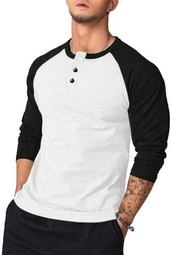 Baseballtröja för män, raglanärm topp, med Henley-krage och knappdetaljer för sportiga vardagskläder, Vitt, XL