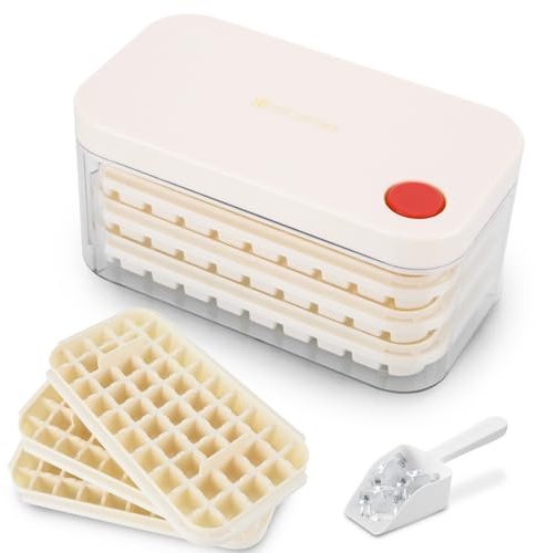 isform med lock, Isbitsform med 150 isbitar,iskubsformar,iskubsbricka,iskub behållare inklusive lock och behållare, lätt tryck för att frigöra isen, 3 nivåer, 1 ishink och skopa (Beige)